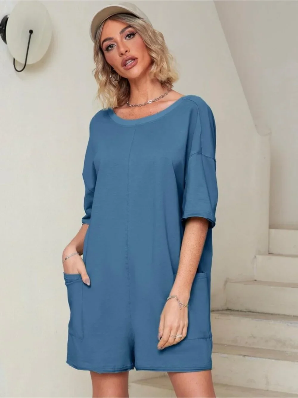 Women's Blue Summer Casual Onesie Backless Loose Short Oversized Tee Romper - Picture 2 of 6